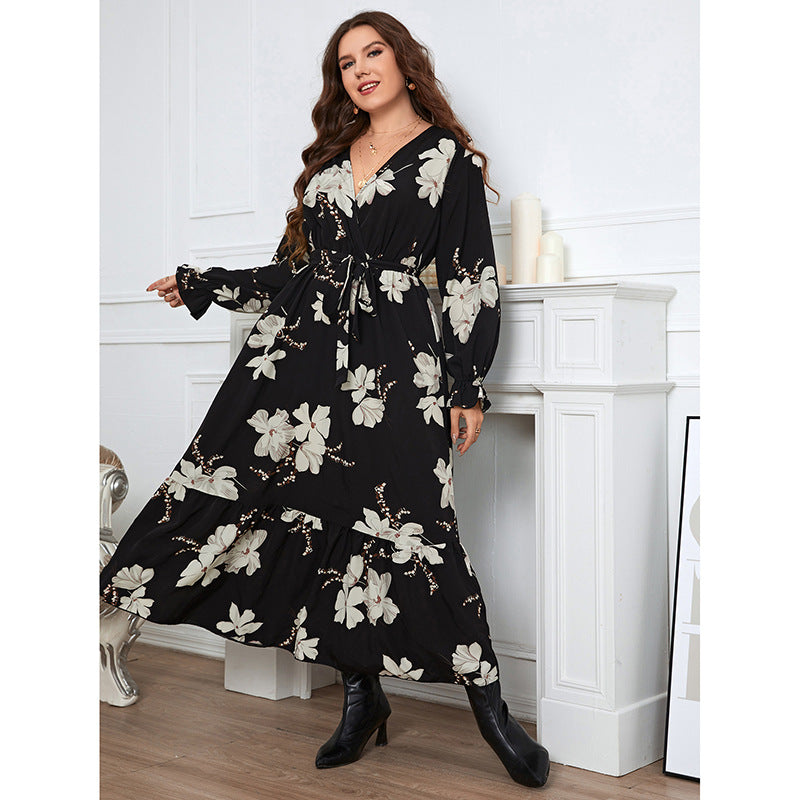 LR151 Long Floral Print Dress with Lily Design