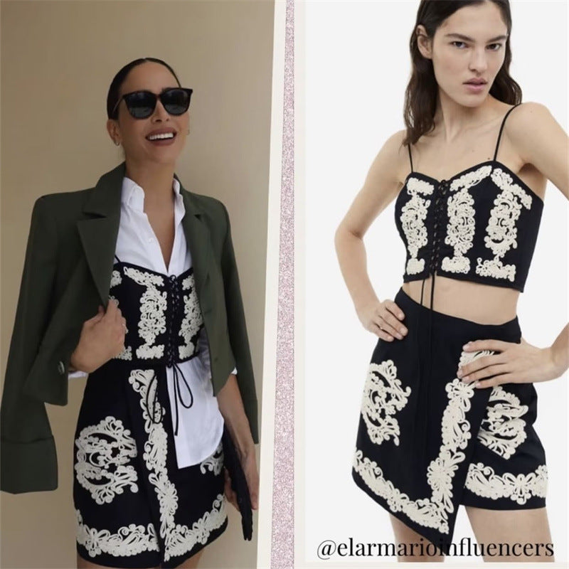 H&M Women's New Embroidered Summer Set with Top & Skirt