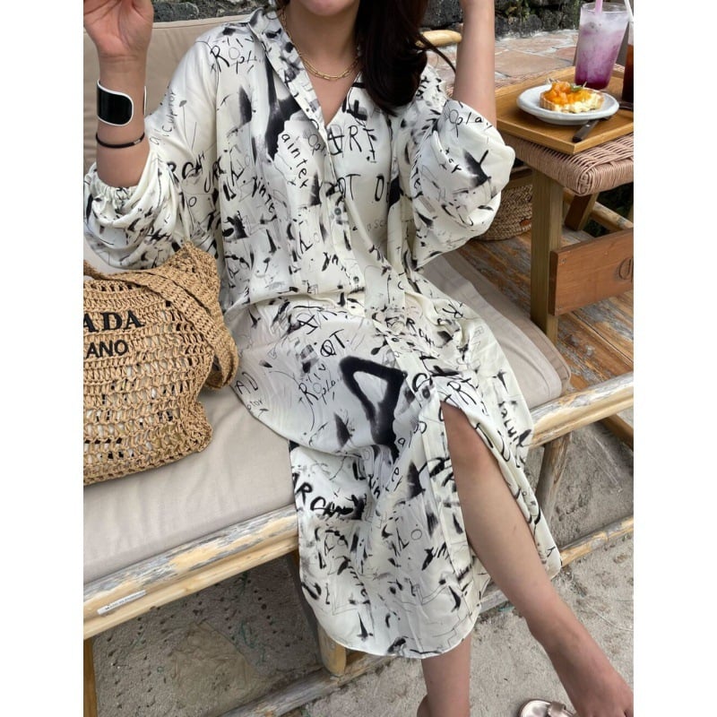 Blooming Print Loose Mid-Length Puff Sleeve Dress