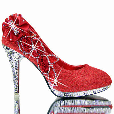Red High Heel Wedding Shoes with Rhinestones for Women