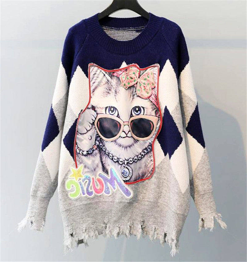 Autumn Cat Sequin Knit Sweater - Loose Fit, Casual