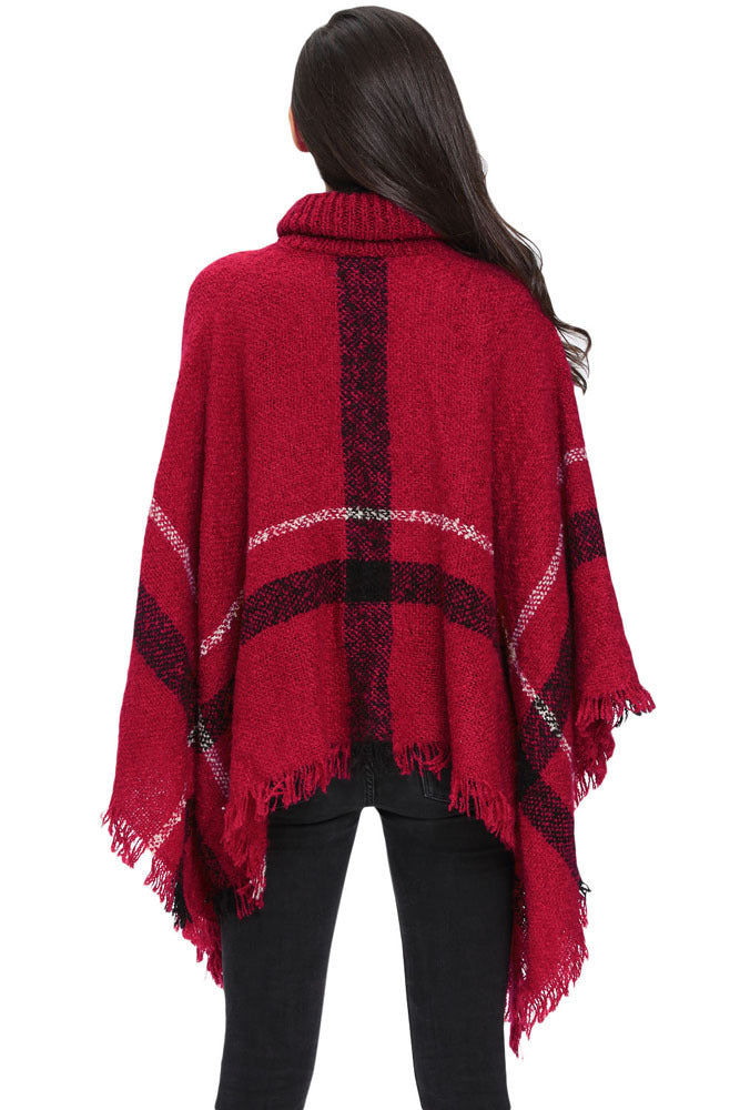 Knit Sweater with Turtleneck and Fringe Cape Design