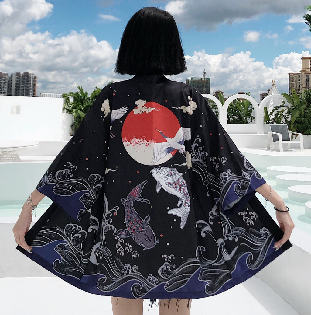 Summer Chinese Style Fish Print Sun Protection Kimono Set