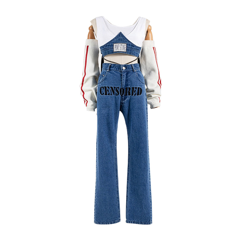 Stylish Stage Outfit with Embroidered Denim Pants Set