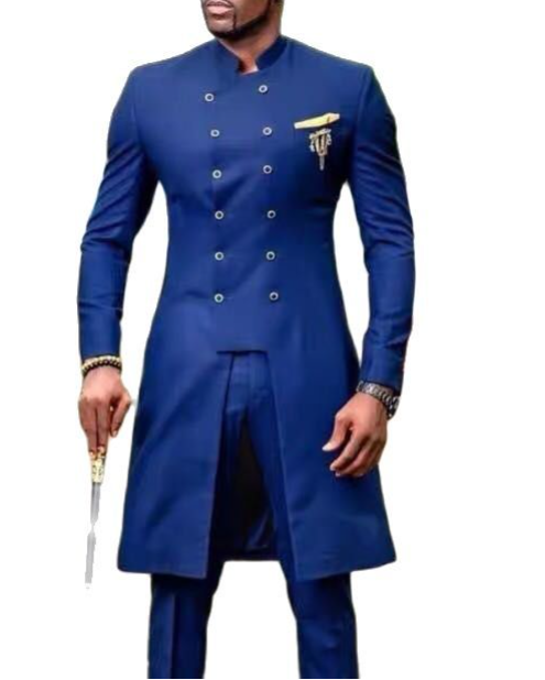 Men's Casual Double-Breasted Long Suit (Two-Piece Set)