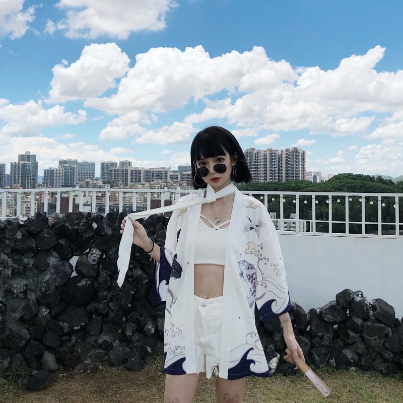 Summer Chinese Style Fish Print Sun Protection Kimono Set