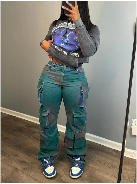 High-Waist Tie-Dye Cargo Jeans