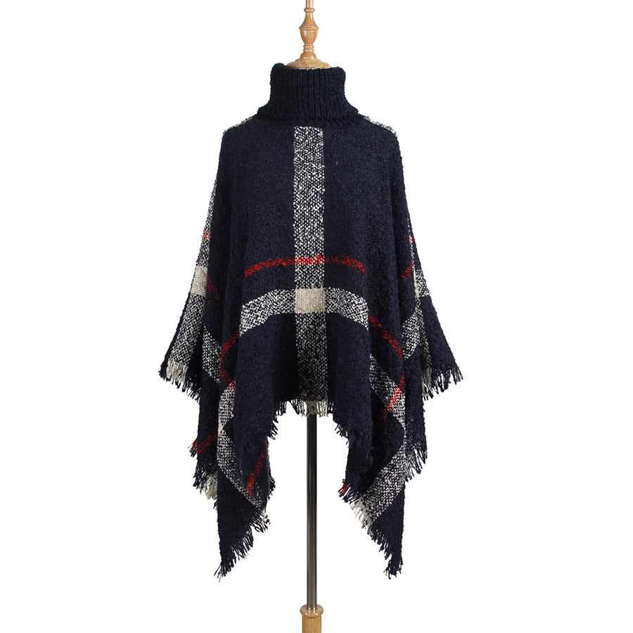 Knit Sweater with Turtleneck and Fringe Cape Design