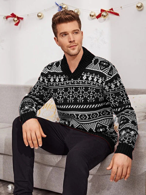 Men's Knit Christmas Elk Lapel Sweater Pullover 2021
