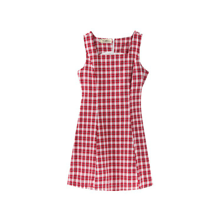 Kpop Korean Celebrity Red Plaid High Waist Dress for Women