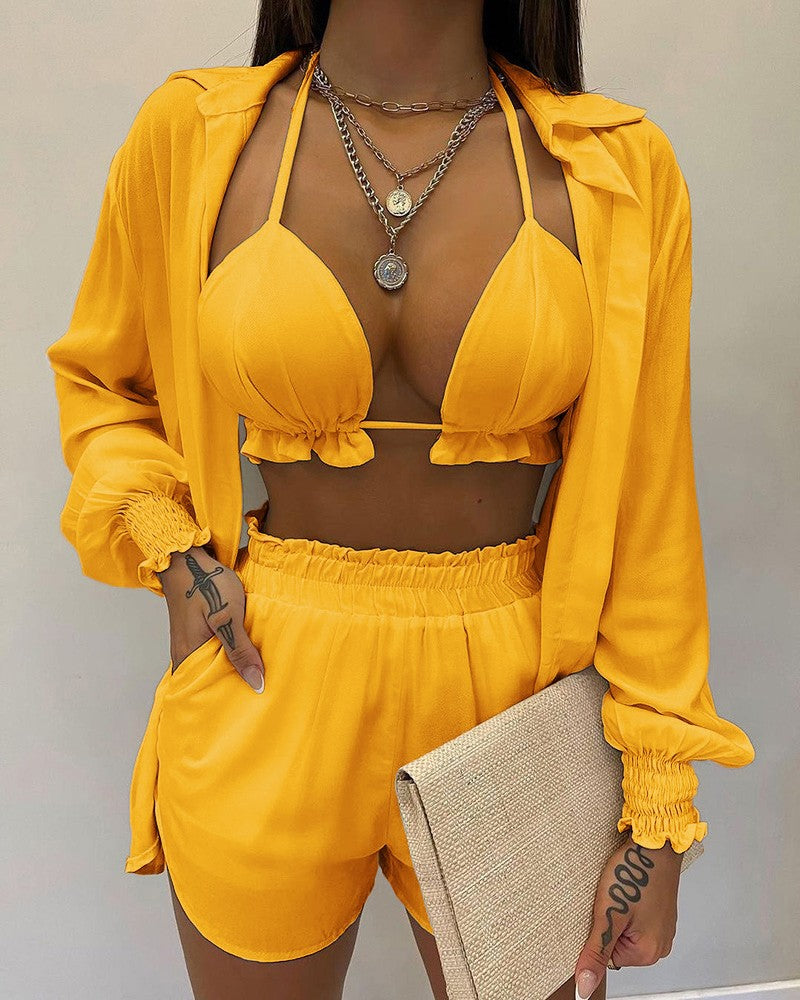 Tropical Print Lantern Sleeve Shirt and Shorts Set