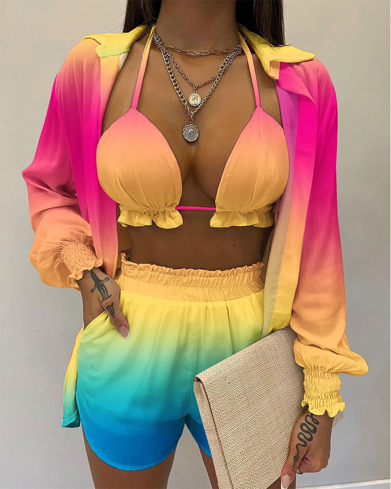 Tropical Print Lantern Sleeve Shirt and Shorts Set