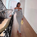 One-Collar Long-Sleeved Corrugated Print Dress