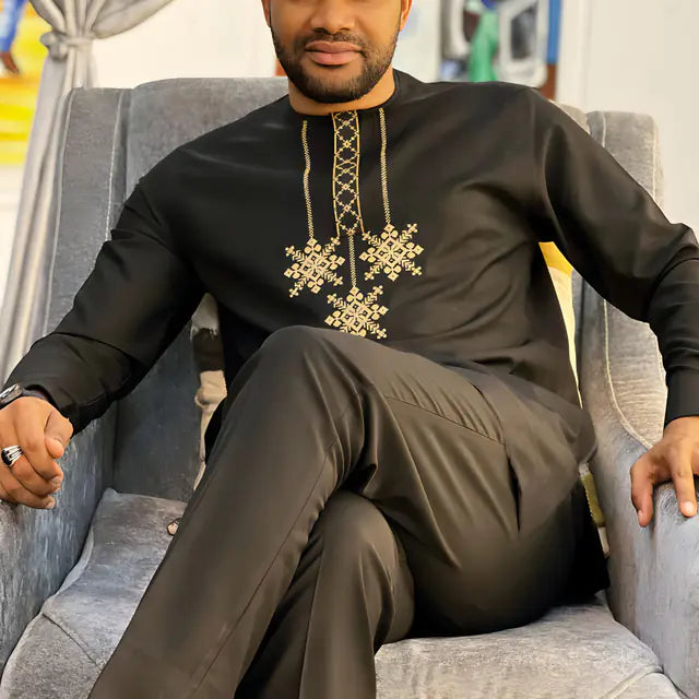 Men's Embroidered Shirt and Drawstring Pants Set