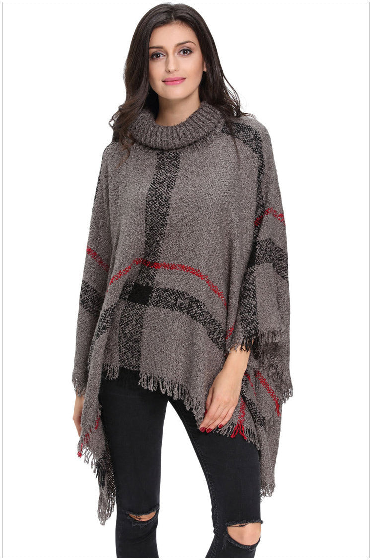 Knit Sweater with Turtleneck and Fringe Cape Design