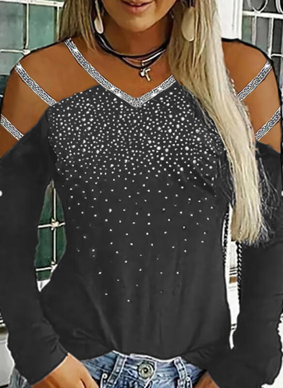 Multicolor Women's Long Sleeve V-Neck Rhinestone Top