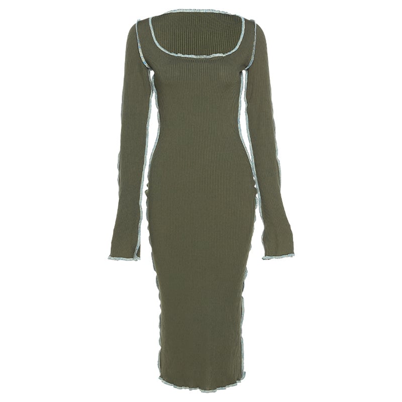 Slim Long Sleeve Hip Wrap Dress with Round Neck