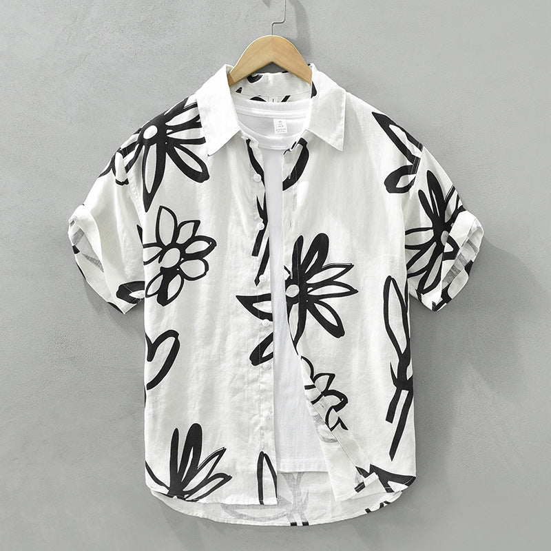 Men's Retro Floral Print Linen Short Sleeve Shirt