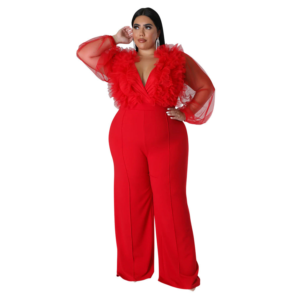 Plus Size Mesh Jumpsuit with Ruffles and Deep V Neck