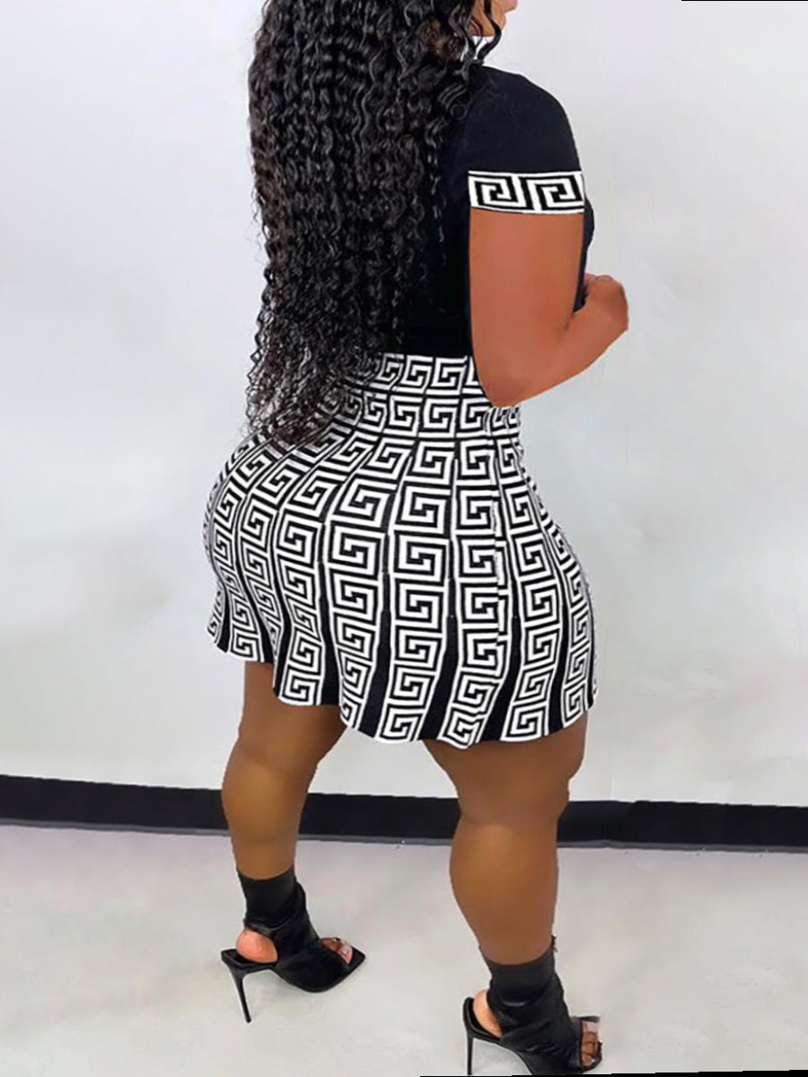 Plus Size Women's Two Piece Geometric Print Skirt Set