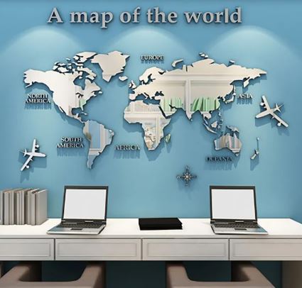 3D World Map Wall Mirror Sticker
