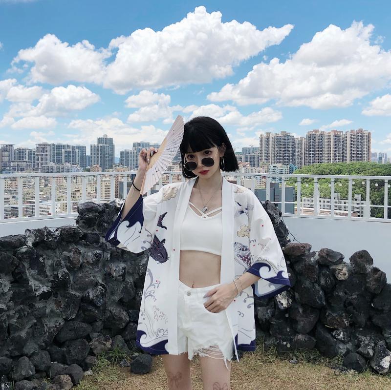 Summer Chinese Style Fish Print Sun Protection Kimono Set