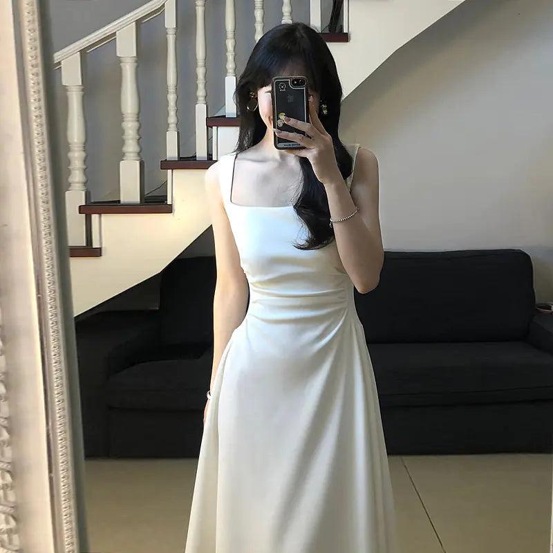 French Style Waist-Controlled White Strap Dress for Women