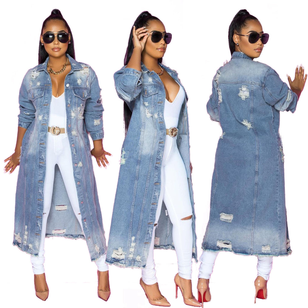 Women's Blue Ripped Denim Jacket - Loose Fit, Long Sleeve
