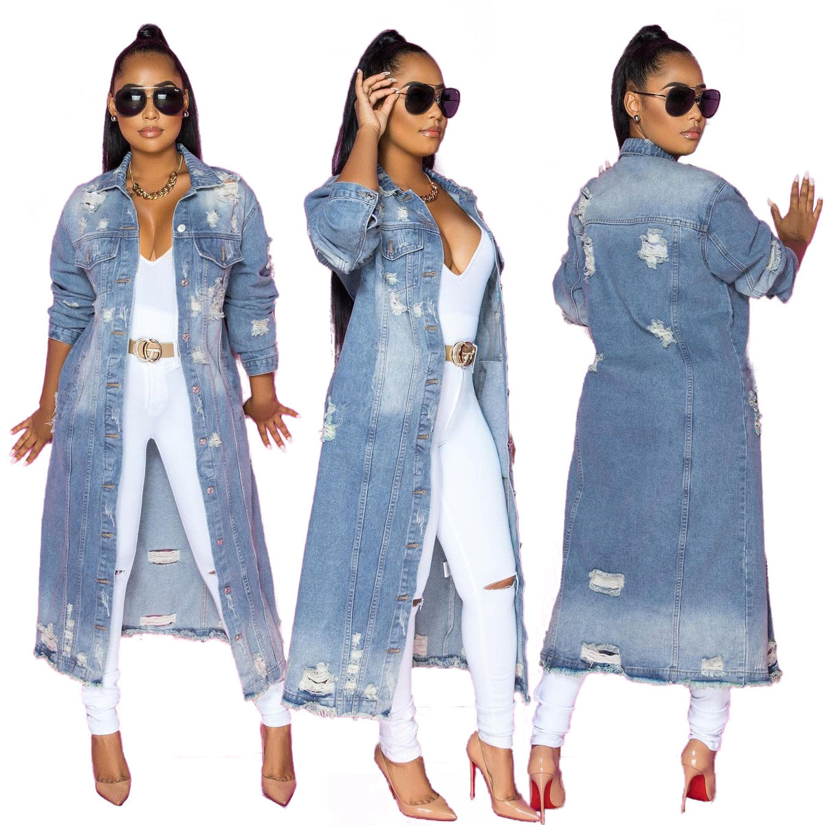 Women's Blue Ripped Denim Jacket - Loose Fit, Long Sleeve