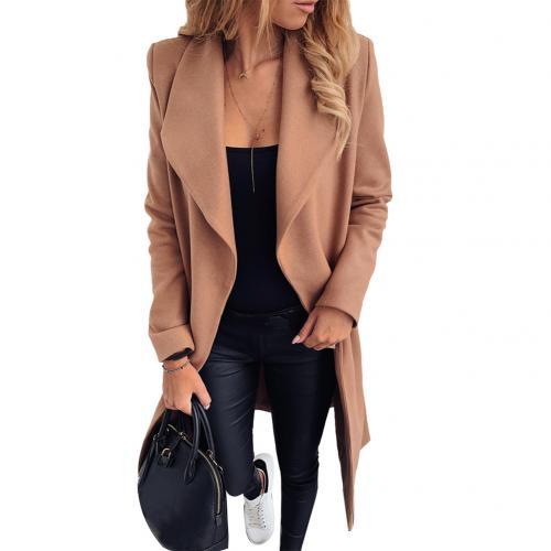 Women's Solid Color Wool Coat with Lace-Up Lapel