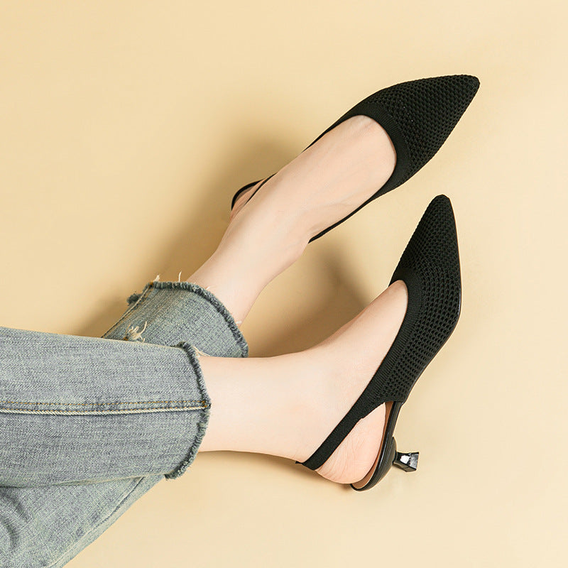 Summer Pointed Toe Hollow Knit Women's Cat Heel Shoes