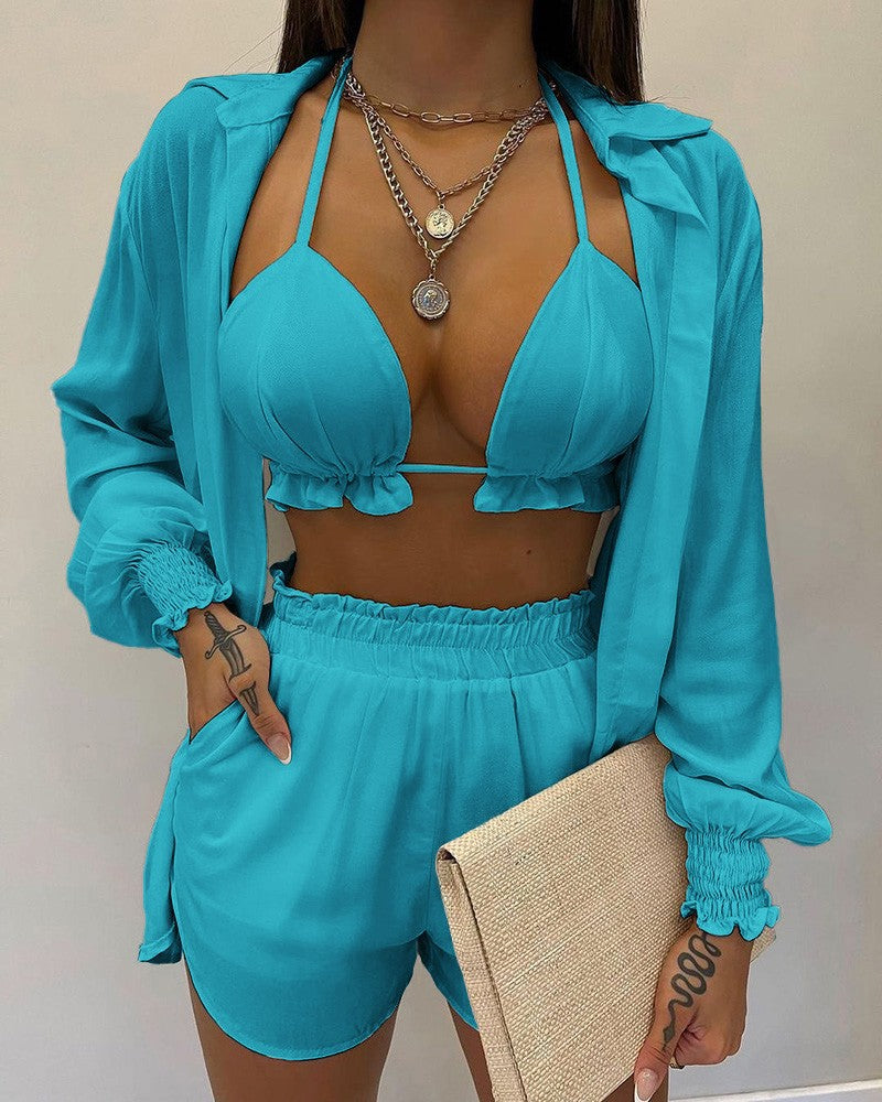 Tropical Print Lantern Sleeve Shirt and Shorts Set