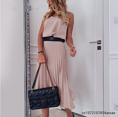 Vintage Summer Strap Pleated V-Neck Midi Dress