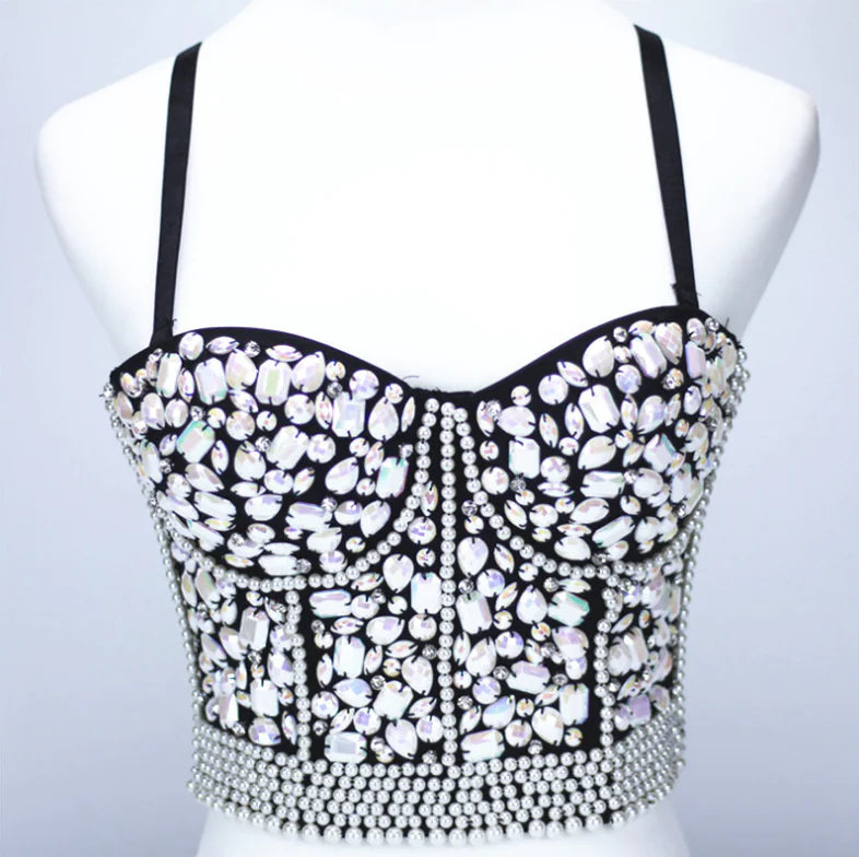 Beaded Crop Top with Rhinestone Straps