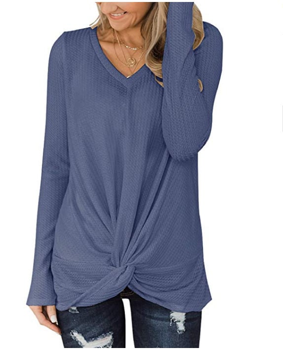 Waffle V-neck Long Sleeve Twisted Knit Top