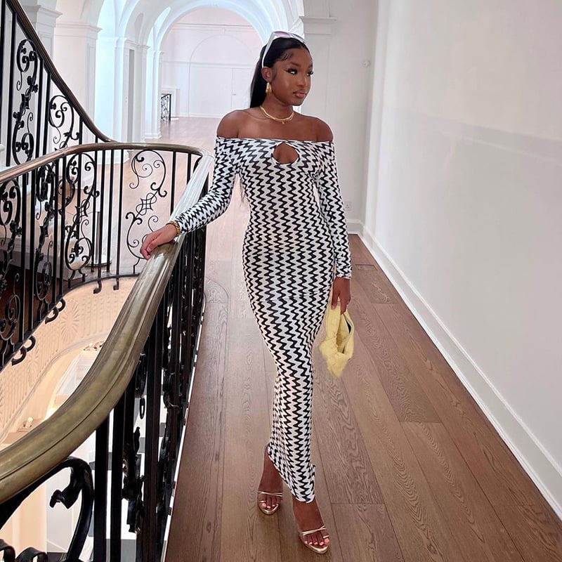 One-Collar Long-Sleeved Corrugated Print Dress