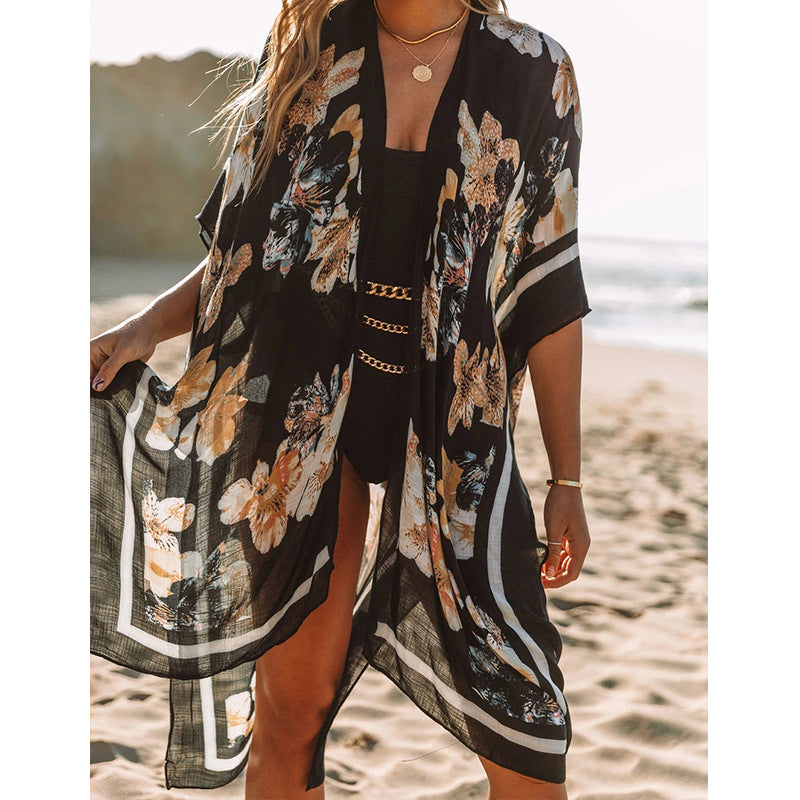 Mid-Length Slit Chiffon Printed Sun Blouse