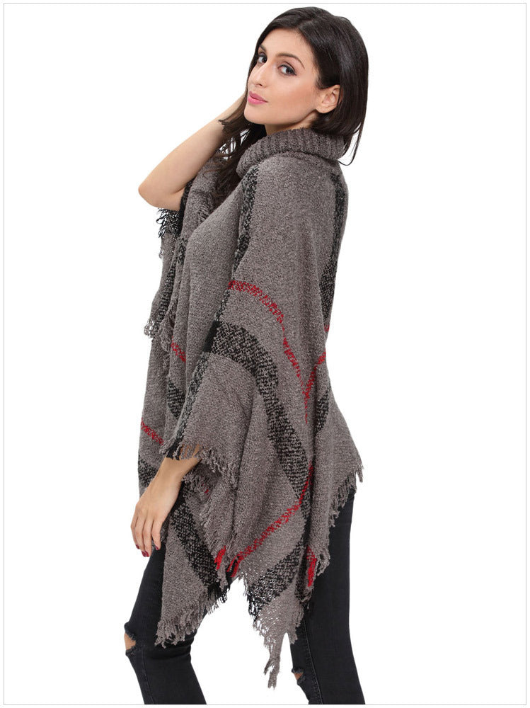 Knit Sweater with Turtleneck and Fringe Cape Design