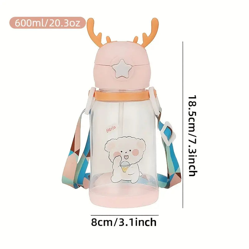 Cute Cartoon Antler Water Bottle 600ml with Strap