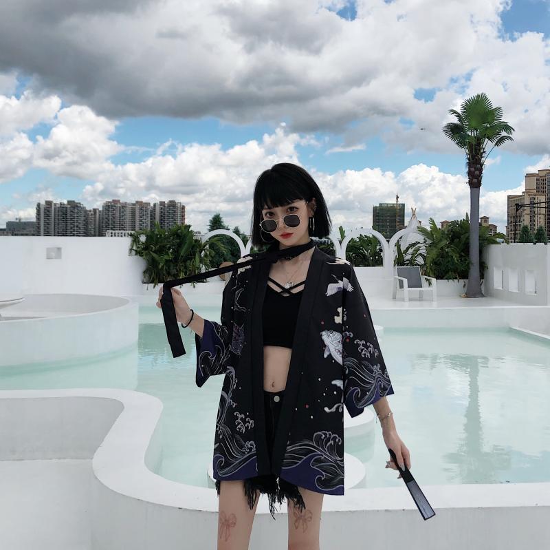 Summer Chinese Style Fish Print Sun Protection Kimono Set