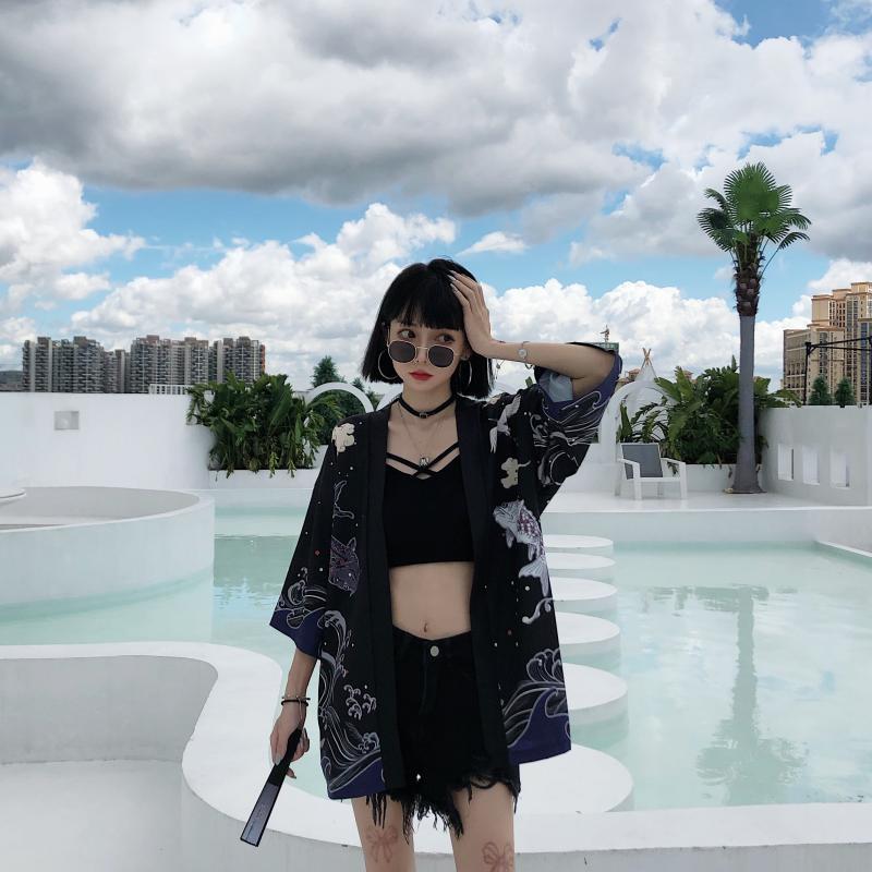Summer Chinese Style Fish Print Sun Protection Kimono Set