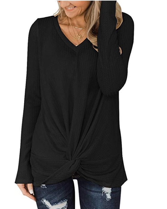 Waffle V-neck Long Sleeve Twisted Knit Top