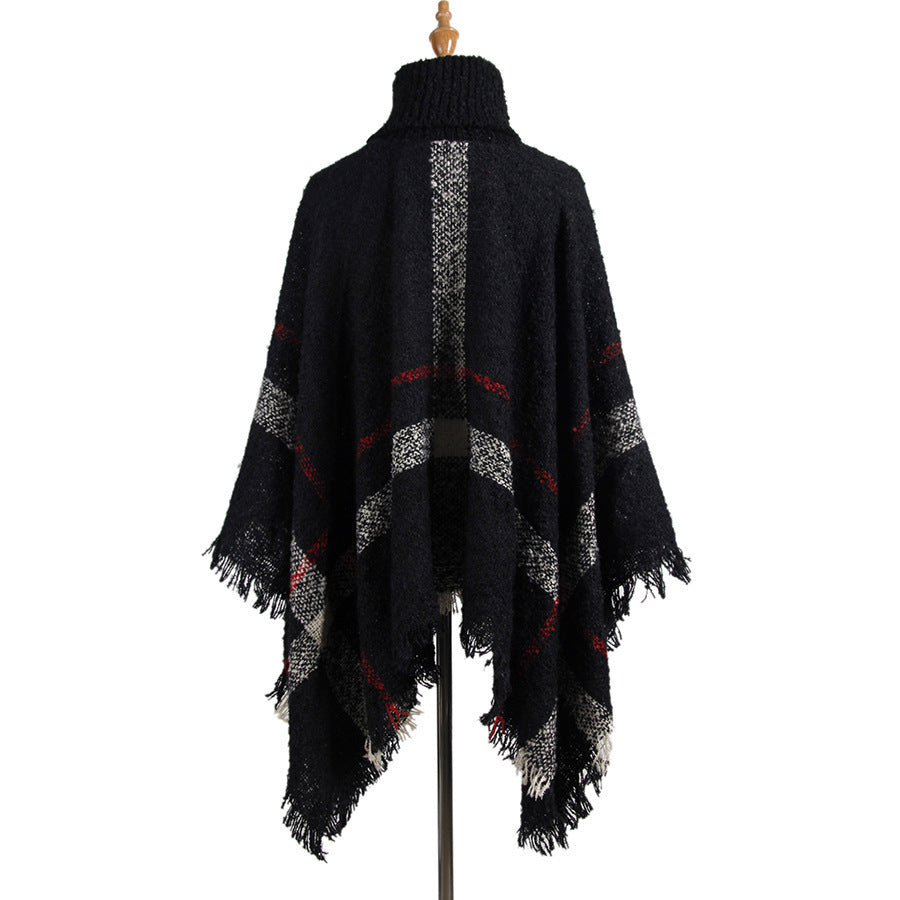Knit Sweater with Turtleneck and Fringe Cape Design