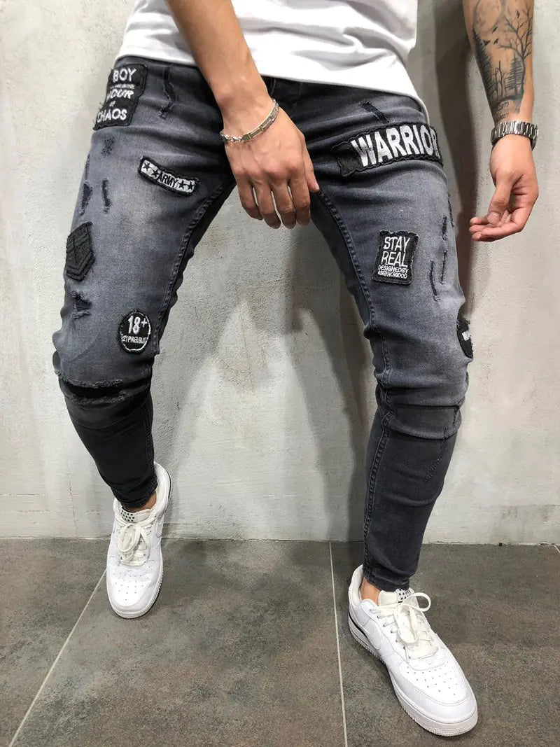 Men's Zippered Ripped Knee Slim Fit Motorcycle Jeans
