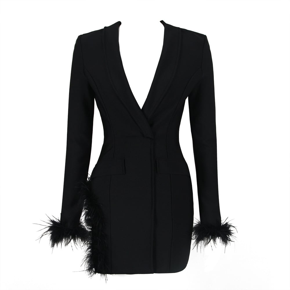 Ostrich Feather Long Sleeve Bandage Dress