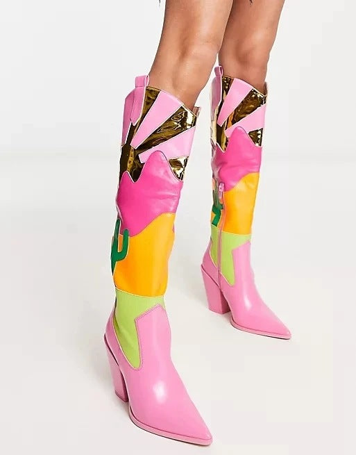 Ins Fashion Runway Multi-color Mosaic Chunky Heel Boots