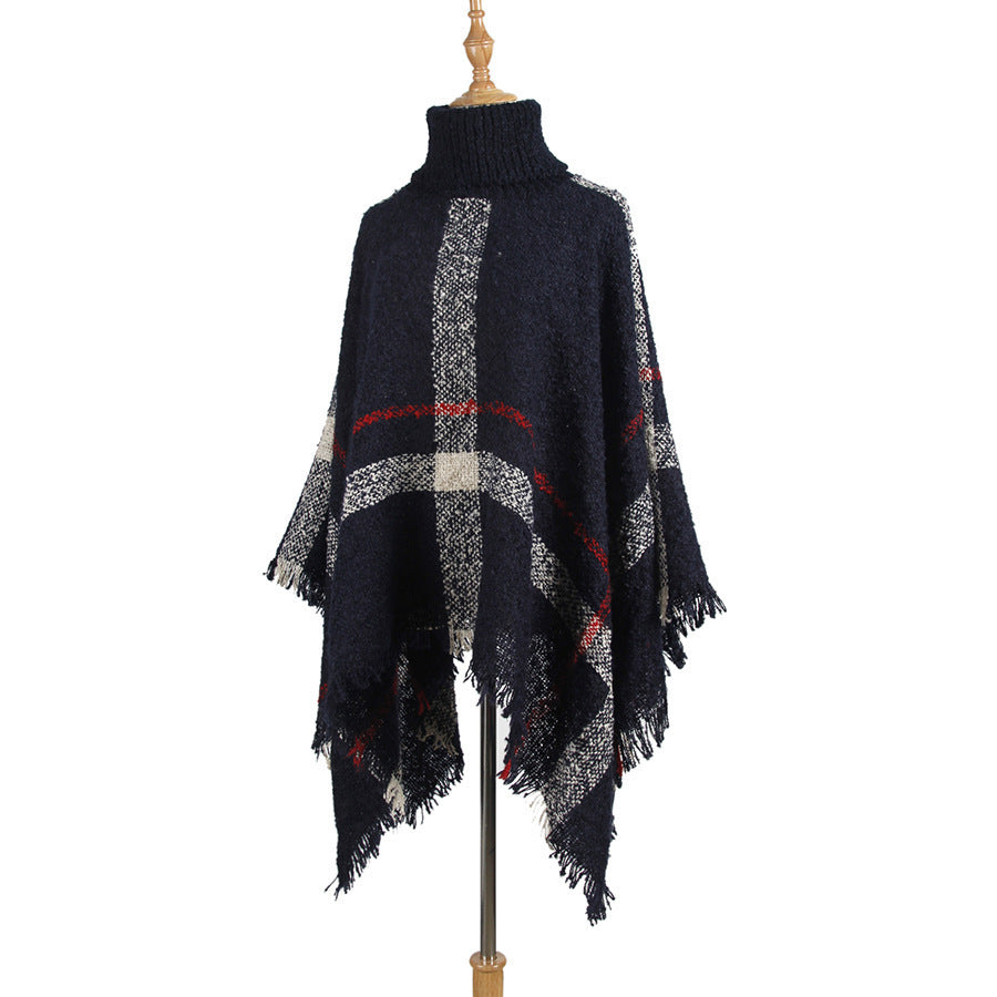Knit Sweater with Turtleneck and Fringe Cape Design