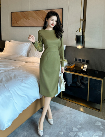 Mustard Green Slim Fit Slimming Dress