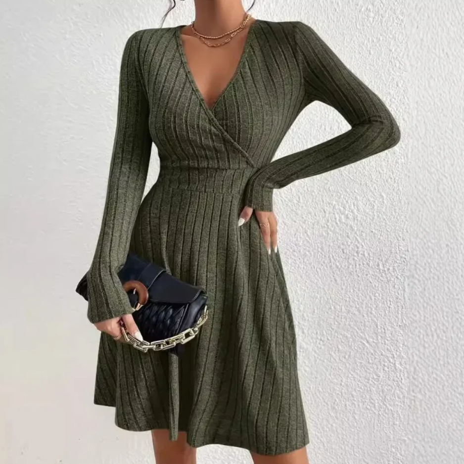 Women's V-Neck Long Sleeve Waist Dress