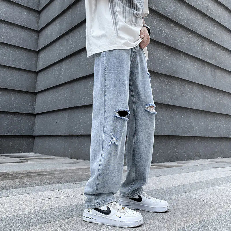 Men's Casual Loose Fit Denim Blue Wide Leg Pants